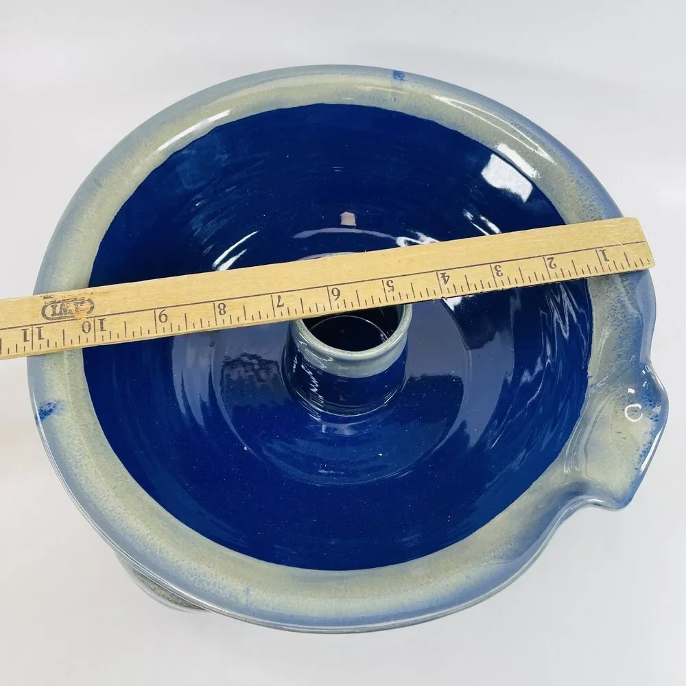 Tumbleweed Pottery Handmade Blue Glazed Ceramic Bundt Pan Chicken Roaster